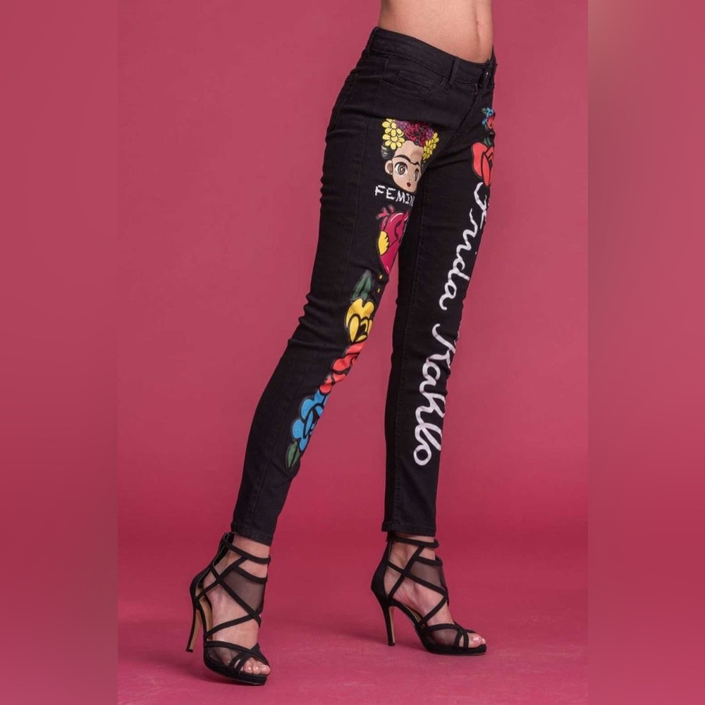 Women's Black Skinny Jeans with Colorful Print
